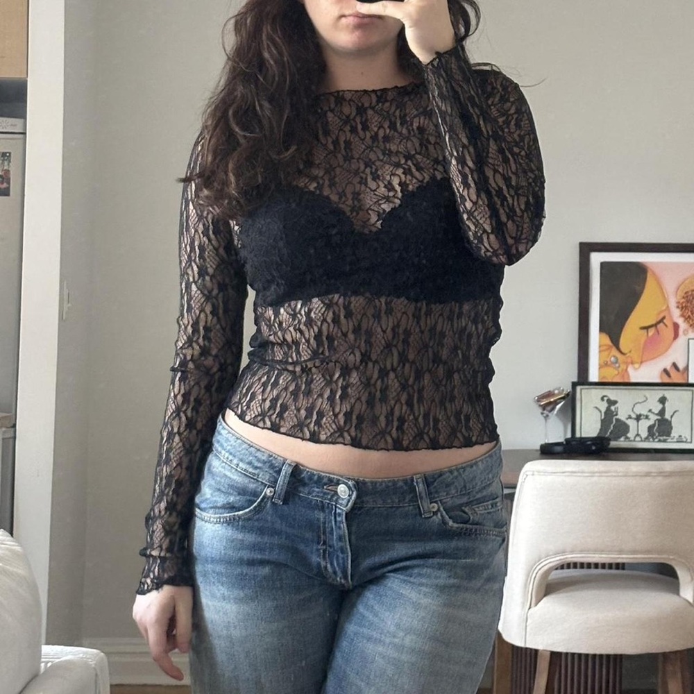 Zara Black Sheer Floral Lace Long Sleeve Top